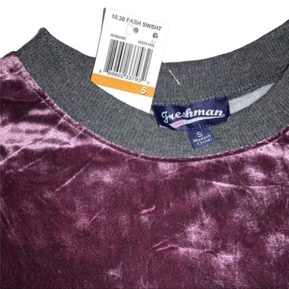 Freshman Womens S Velvet & Knit Chevron Crewneck Sweatshirt Gray & Purple - Picture 3 of 3